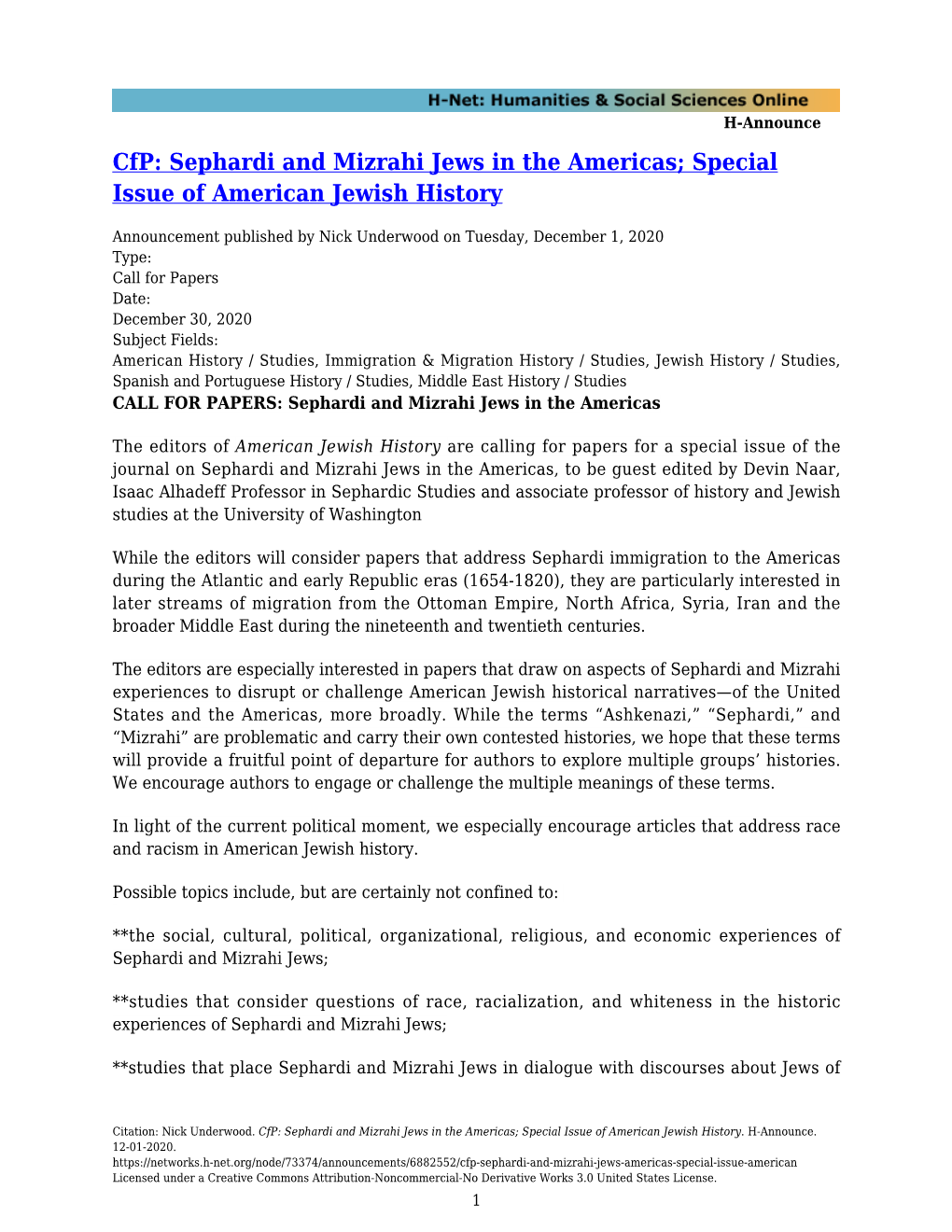 Cfp: Sephardi and Mizrahi Jews in the Americas; Special Issue of American Jewish History