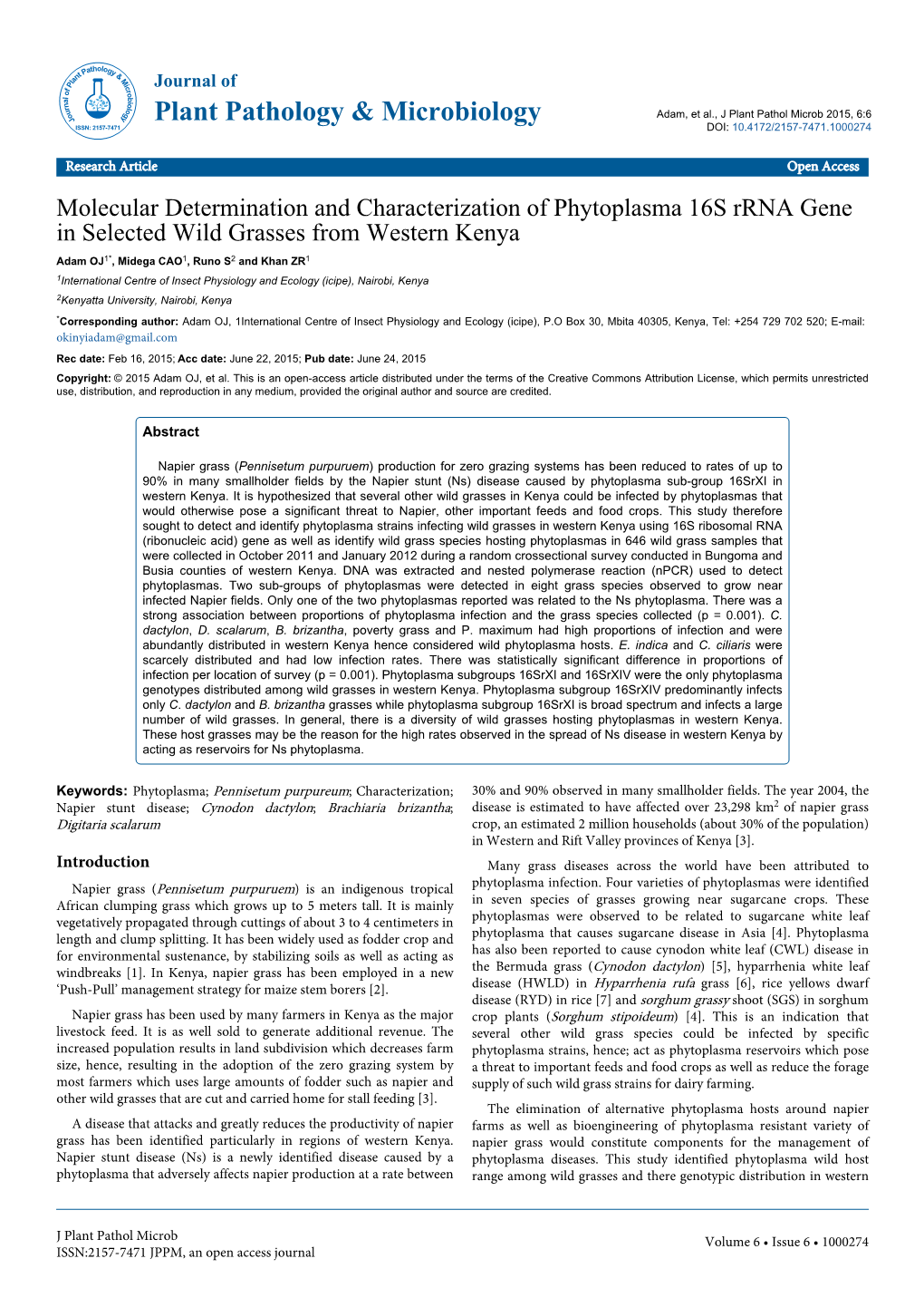 Molecular Determination and Characterization of Phytoplasma 16S Rrna Gene in Selected Wild Grasses from Western Kenya