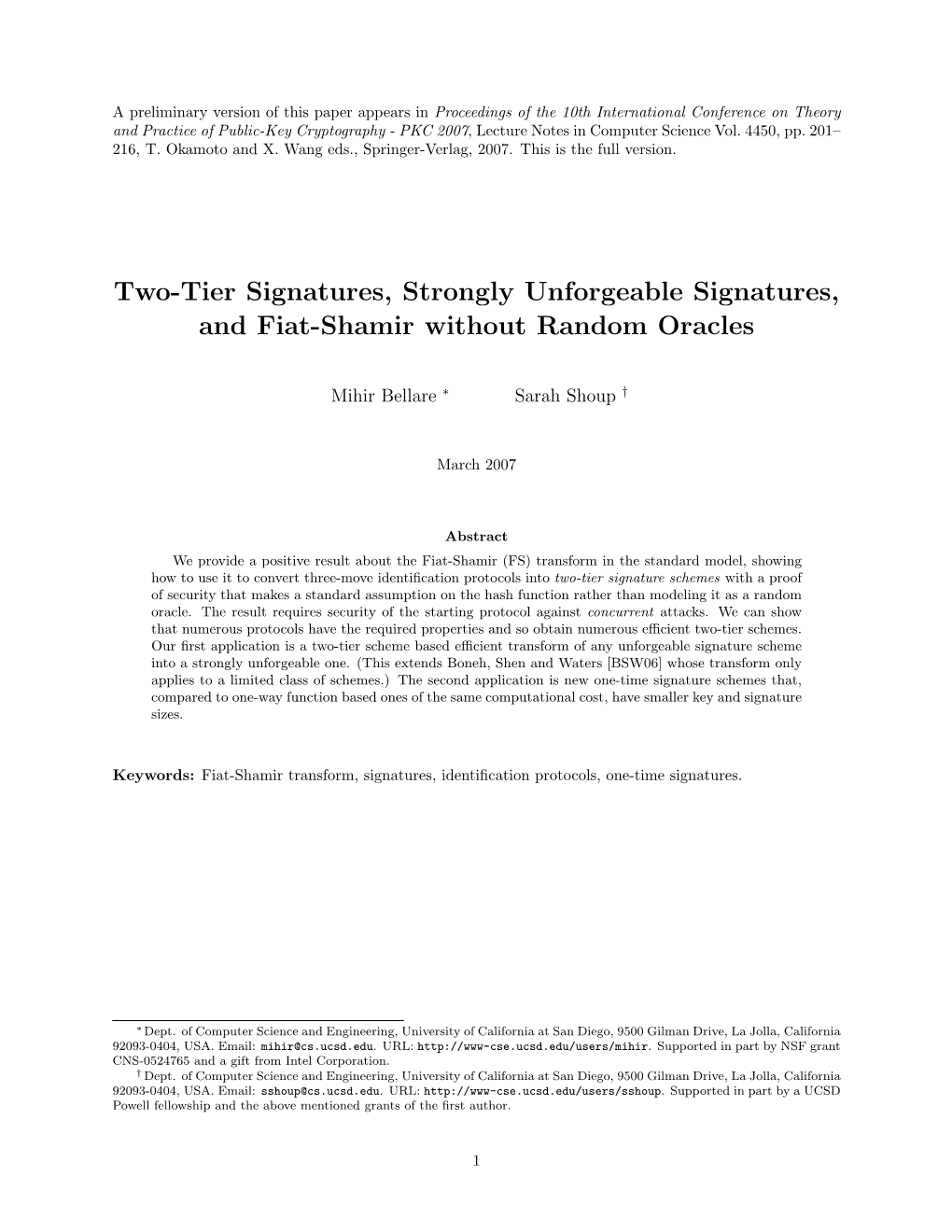 Two-Tier Signatures, Strongly Unforgeable Signatures, and Fiat-Shamir Without Random Oracles