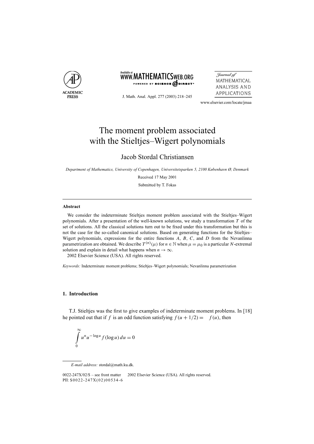 The Moment Problem Associated with the Stieltjes–Wigert Polynomials