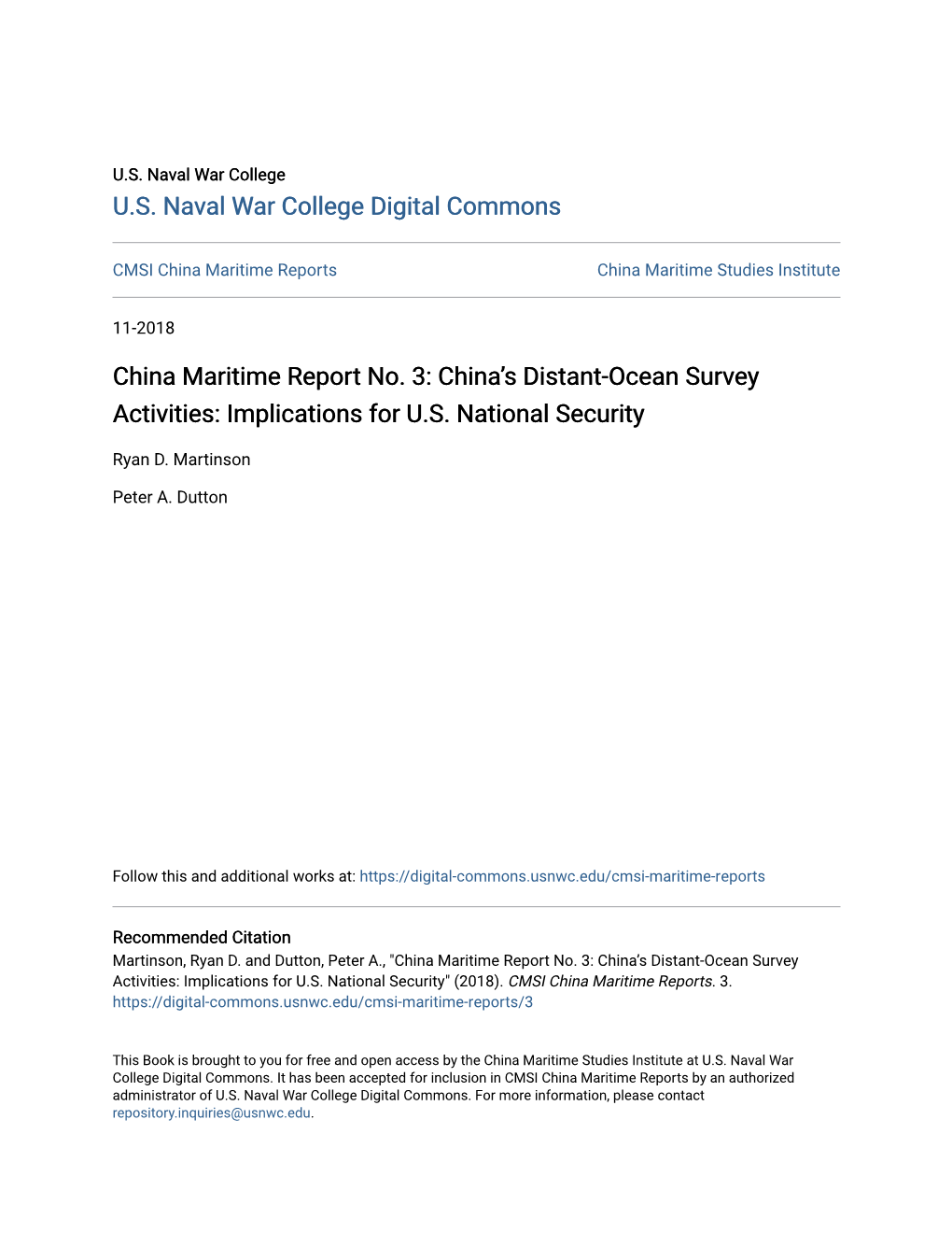 China Maritime Report No. 3: China’S Distant-Ocean Survey Activities: Implications for U.S