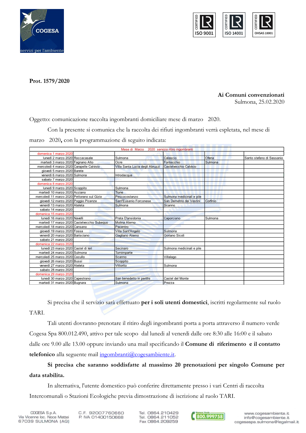 Prot. 1579/2020 Ai Comuni Convenzionati