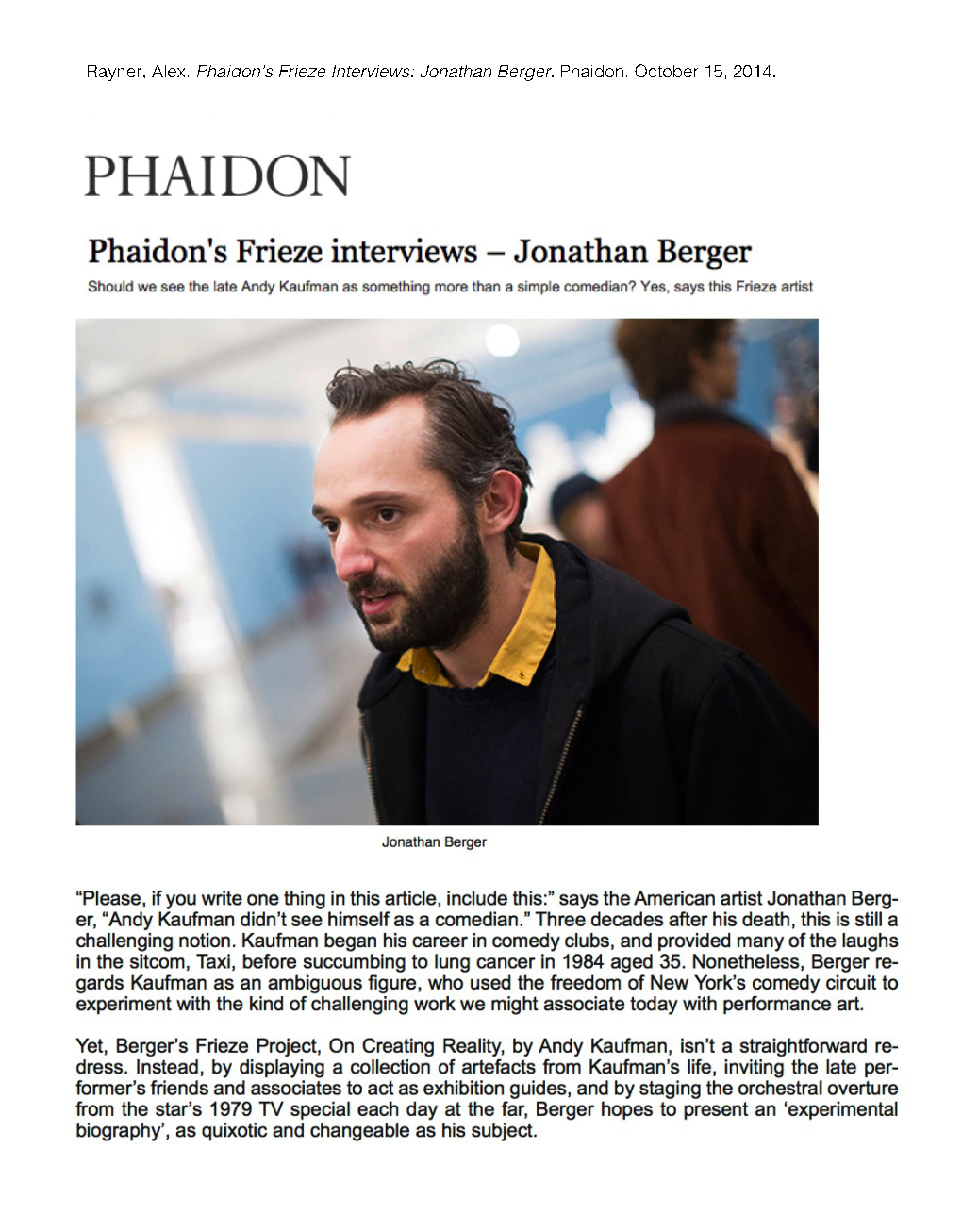 Rayner, Alex. Phaidon's Frieze Interviews: Jonathan Berger