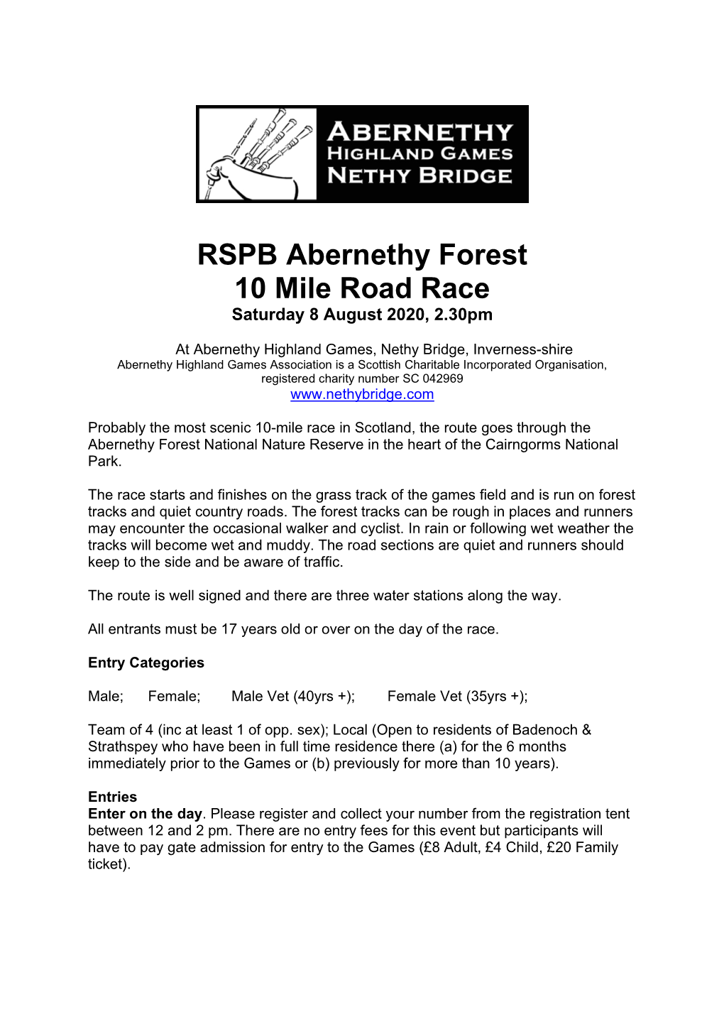 RSPB Abernethy Forest 10 Mile Road Race Saturday 8 August 2020, 2.30Pm