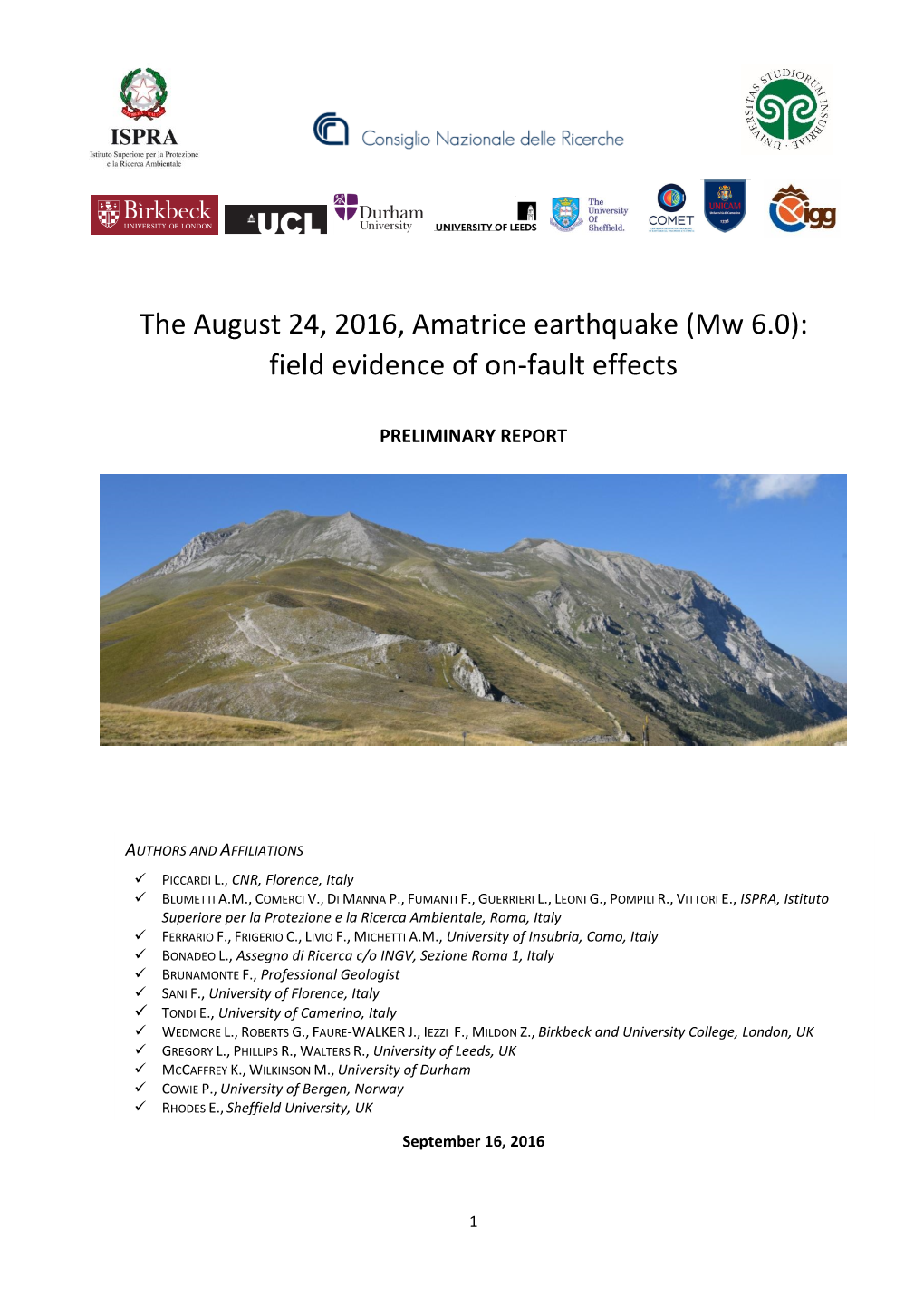 The August 24, 2016, Amatrice Earthquake (Mw 6.0): Field Evidence of On-Fault Effects