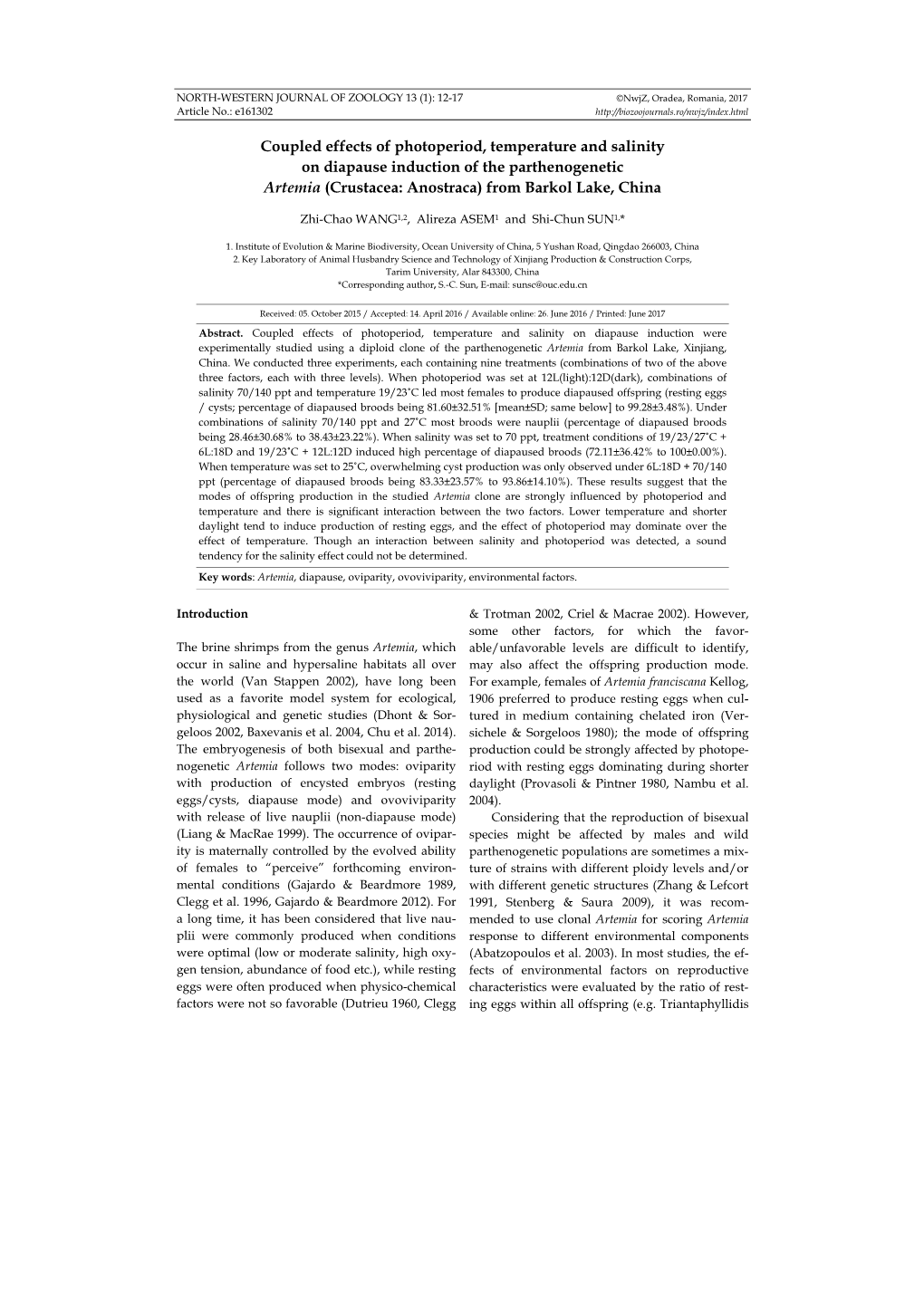 Coupled Effects of Photoperiod, Temperature and Salinity on Diapause Induction of the Parthenogenetic Artemia (Crustacea: Anostraca) from Barkol Lake, China