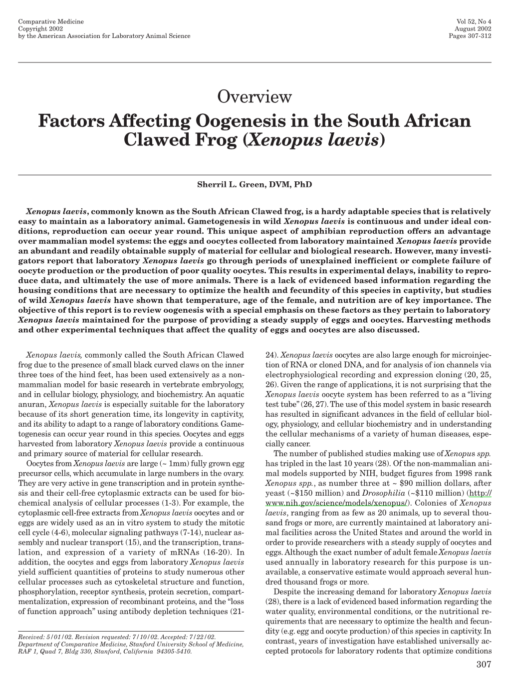 Factors Affecting Oogenesis in the South African Clawed Frog (<I>Xenopus Laevis</I>)