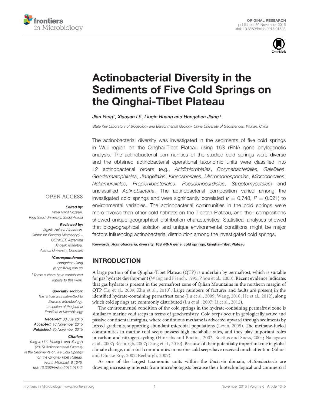 Actinobacterial Diversity in the Sediments of Five Cold Springs on the Qinghai-Tibet Plateau