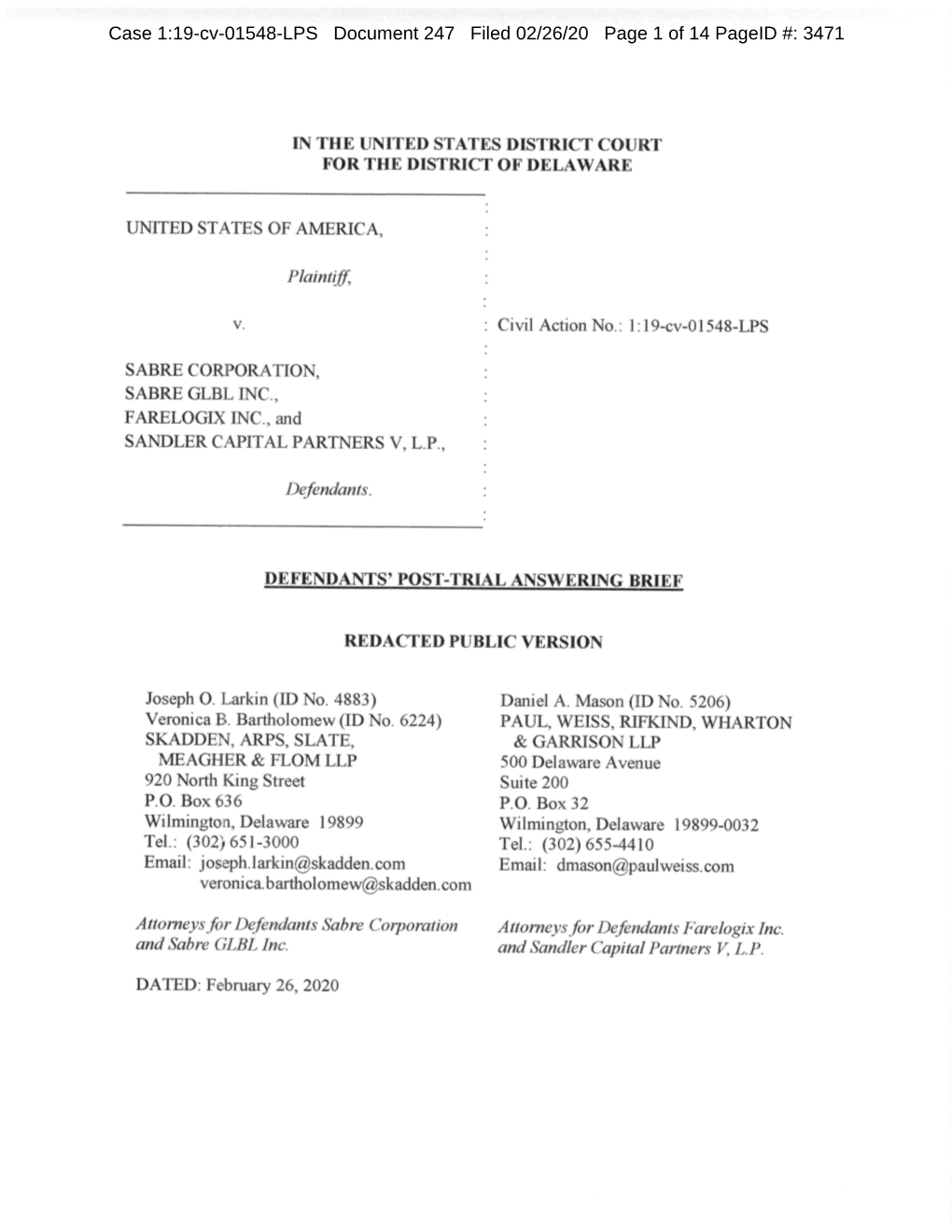 Case 1:19-Cv-01548-LPS Document 247 Filed 02/26/20 Page 1 of 14 Pageid #: 3471