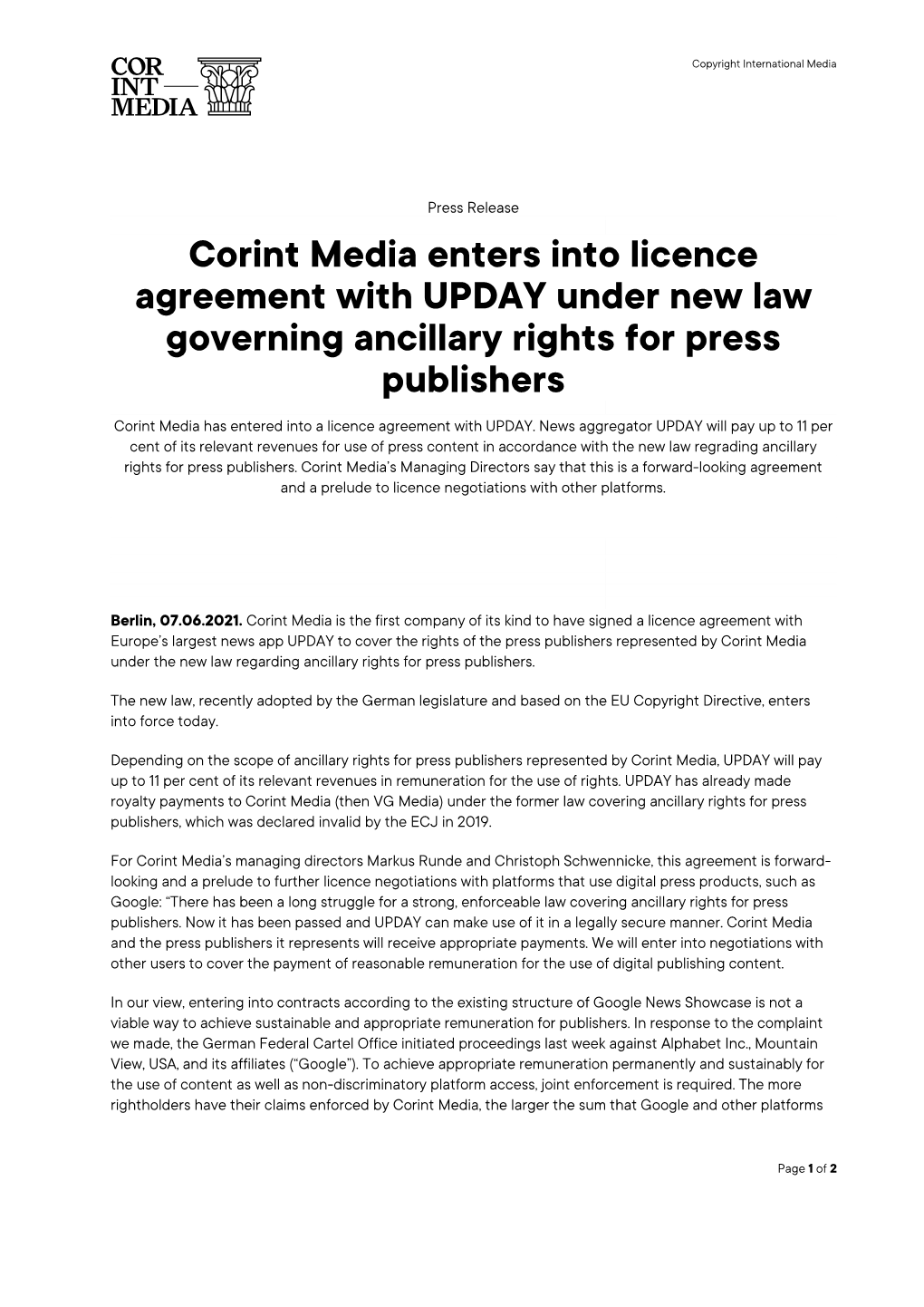 Corint Media Enters Into Licence Agreement with UPDAY Under New Law Governing Ancillary Rights for Press Publishers