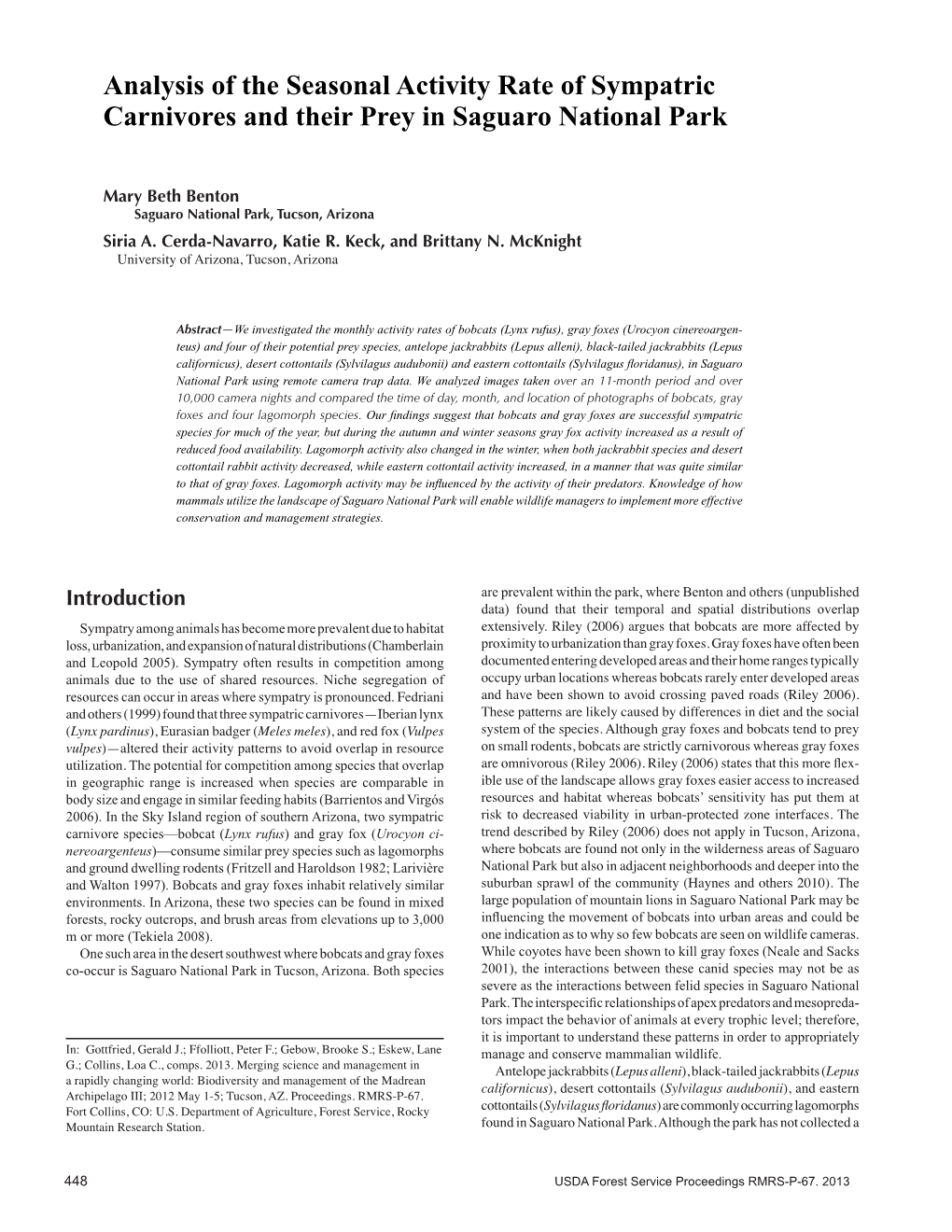 Analysis of the Seasonal Activity Rate of Sympatric Carnivores and Their Prey in Saguaro National Park