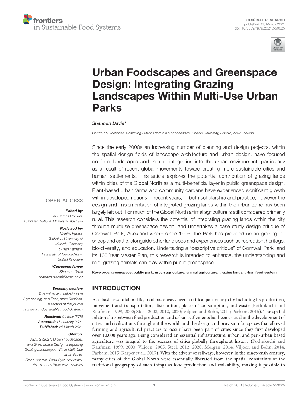 Urban Foodscapes and Greenspace Design: Integrating Grazing Landscapes Within Multi-Use Urban Parks