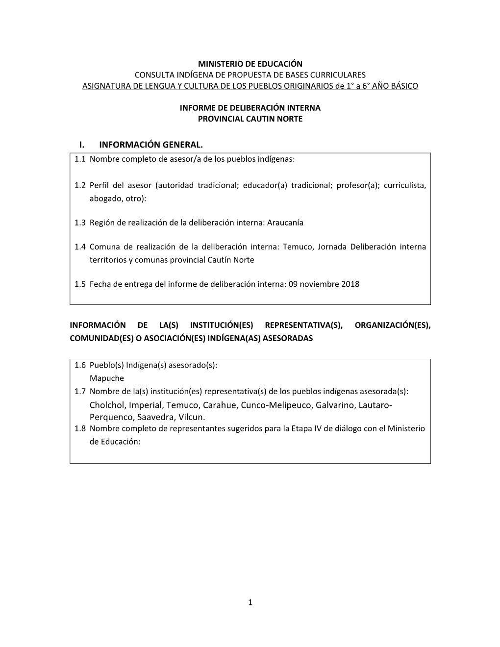 Informe De Deliberación Interna Provincial Cautin Norte