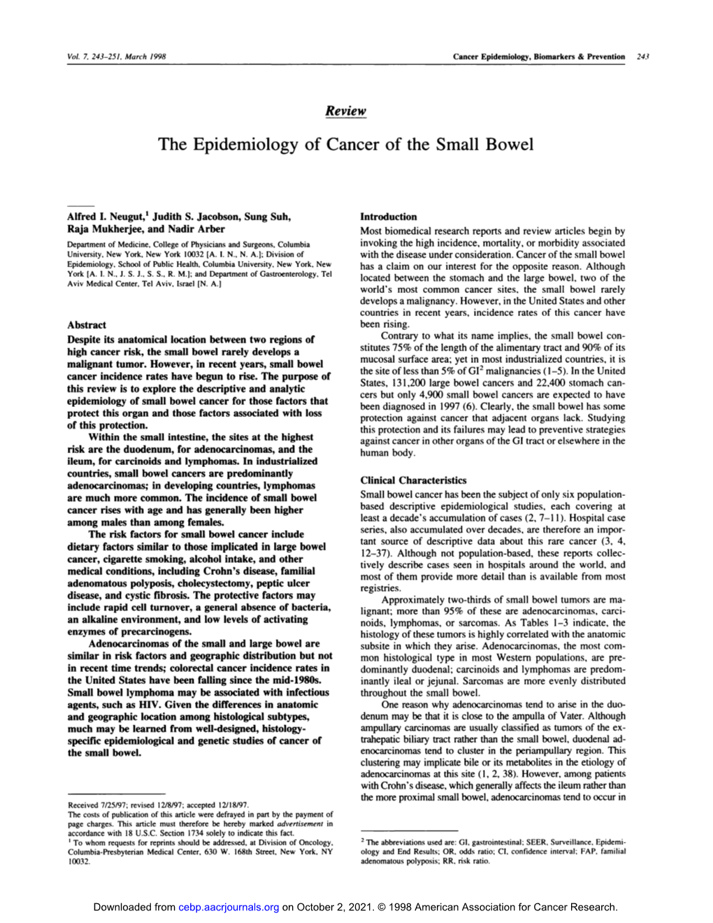 The Epidemiology of Cancer of the Small Bowel