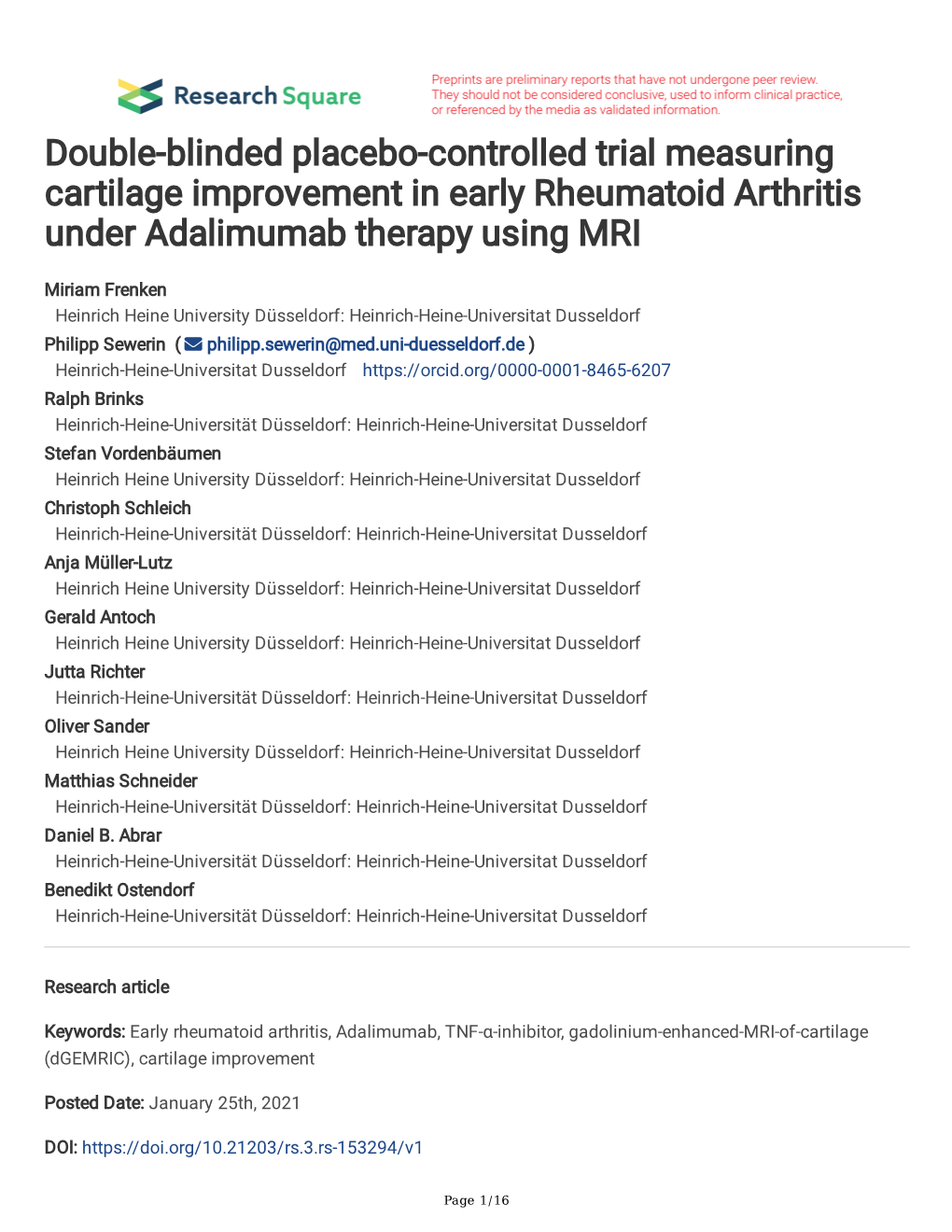 Double-Blinded Placebo-Controlled Trial Measuring Cartilage Improvement in Early Rheumatoid Arthritis Under Adalimumab Therapy Using MRI