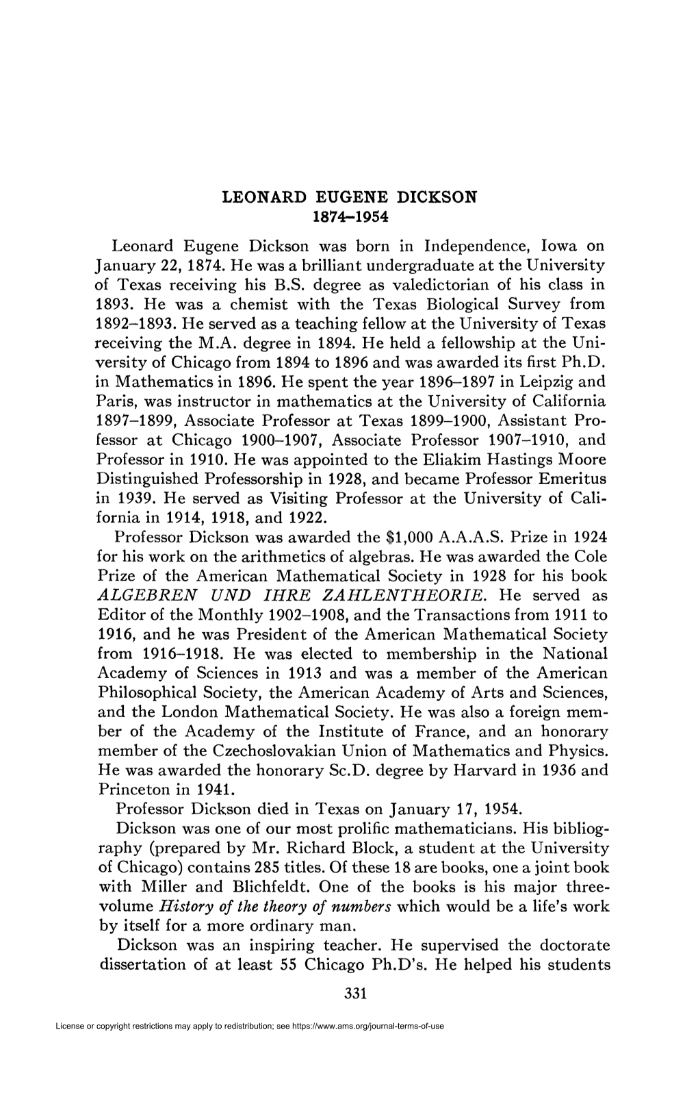 LEONARD EUGENE DICKSON 1874-1954 Leonard Eugene Dickson Was Born in Independence, Iowa on January 22, 1874