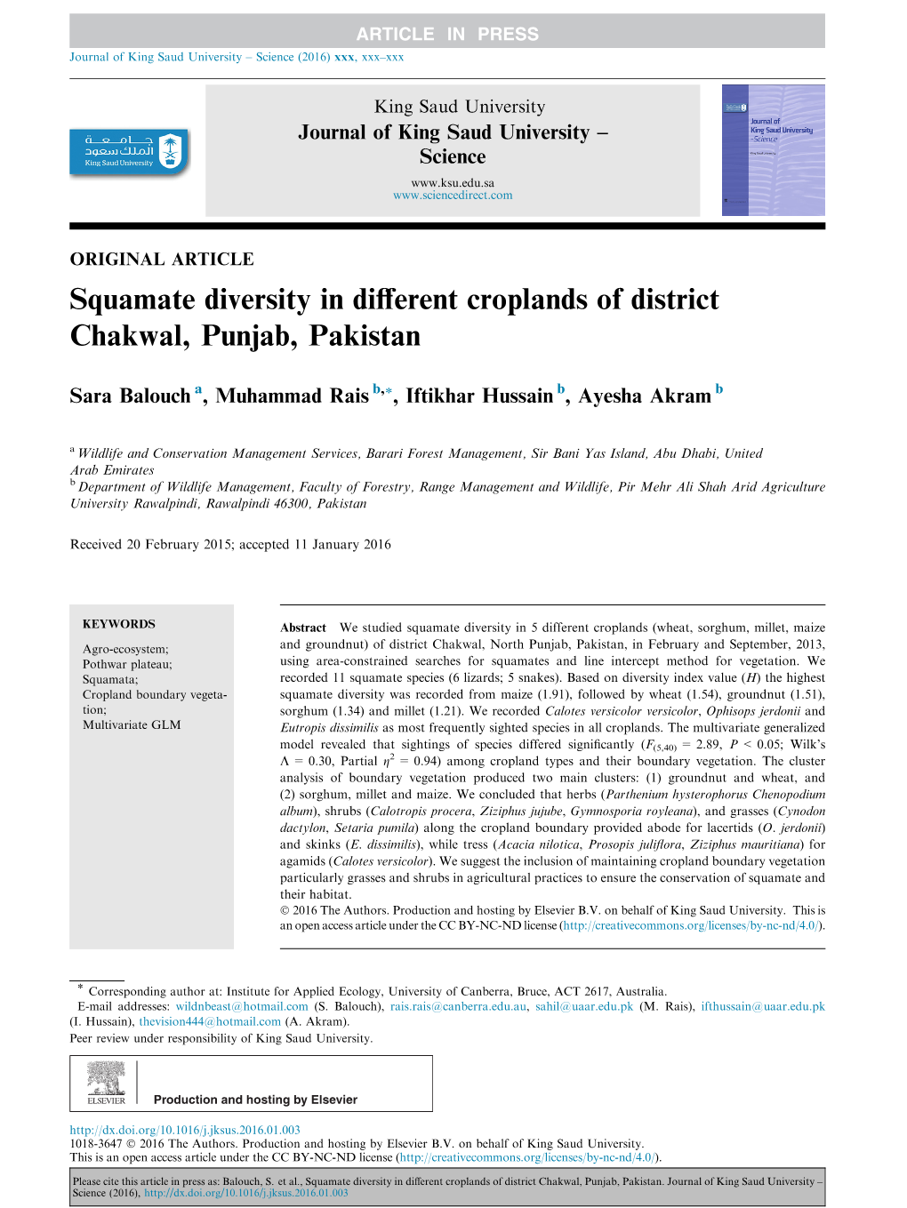 Squamate Diversity in Different Croplands of District Chakwal, Punjab, Pakistan