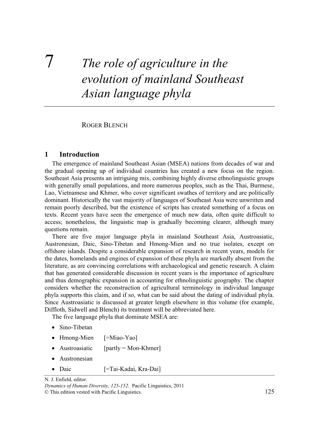 The Role of Agriculture in the Evolution of Southeast Asian Language Phyla