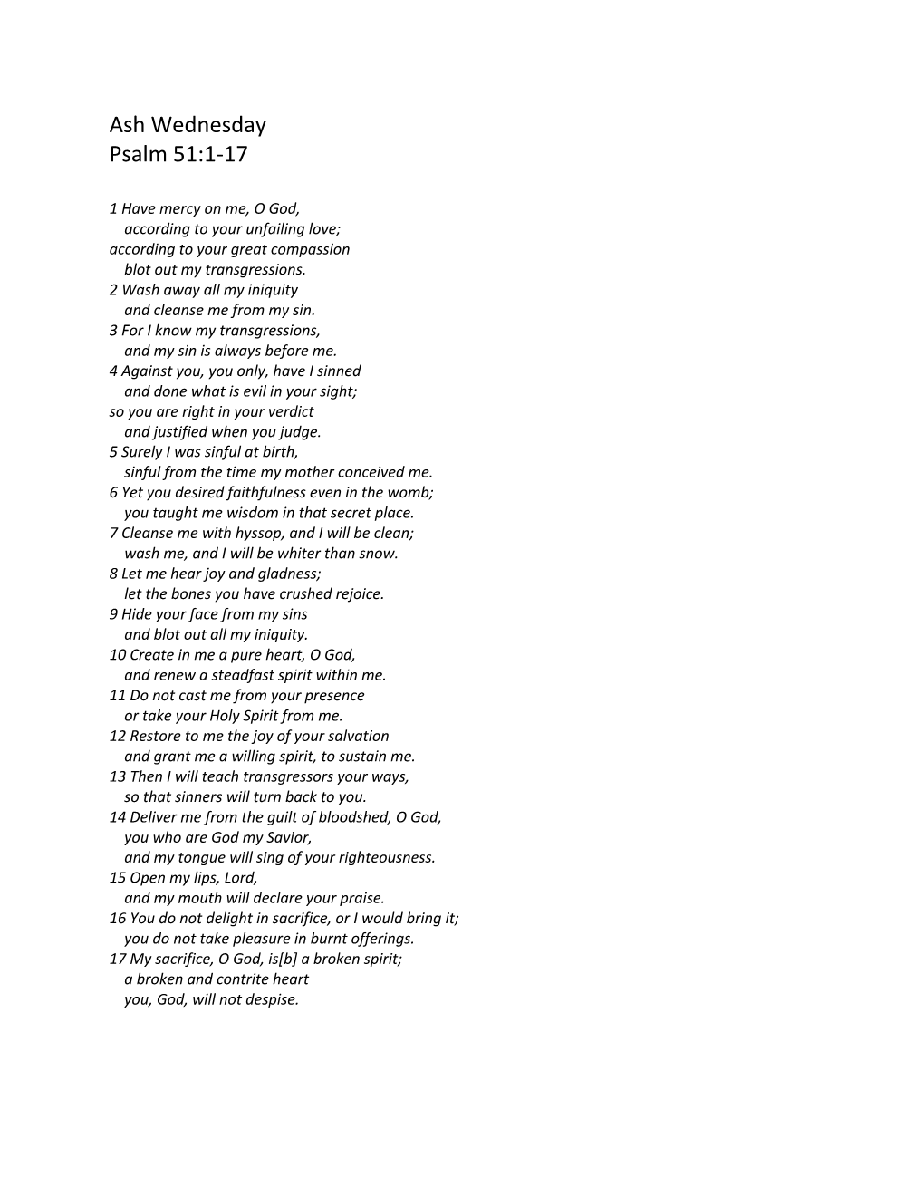 Ash Wednesday Psalm 51:1-17