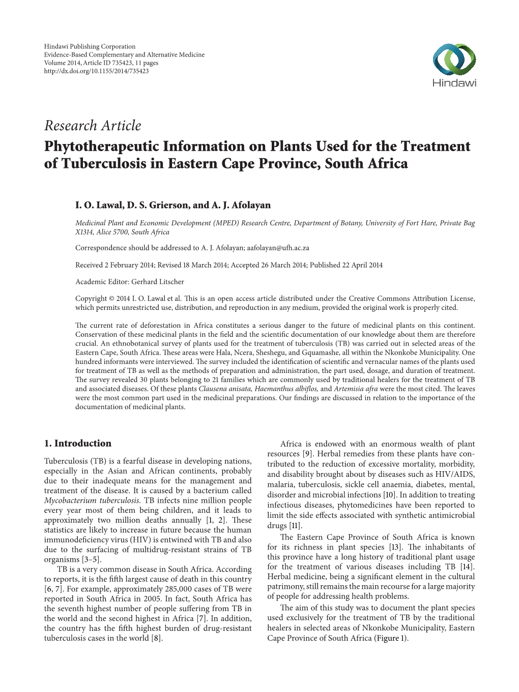 Phytotherapeutic Information on Plants Used for the Treatment of Tuberculosis in Eastern Cape Province, South Africa