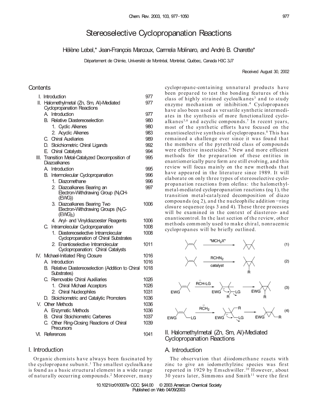 Stereoselective Cyclopropanation Reactions