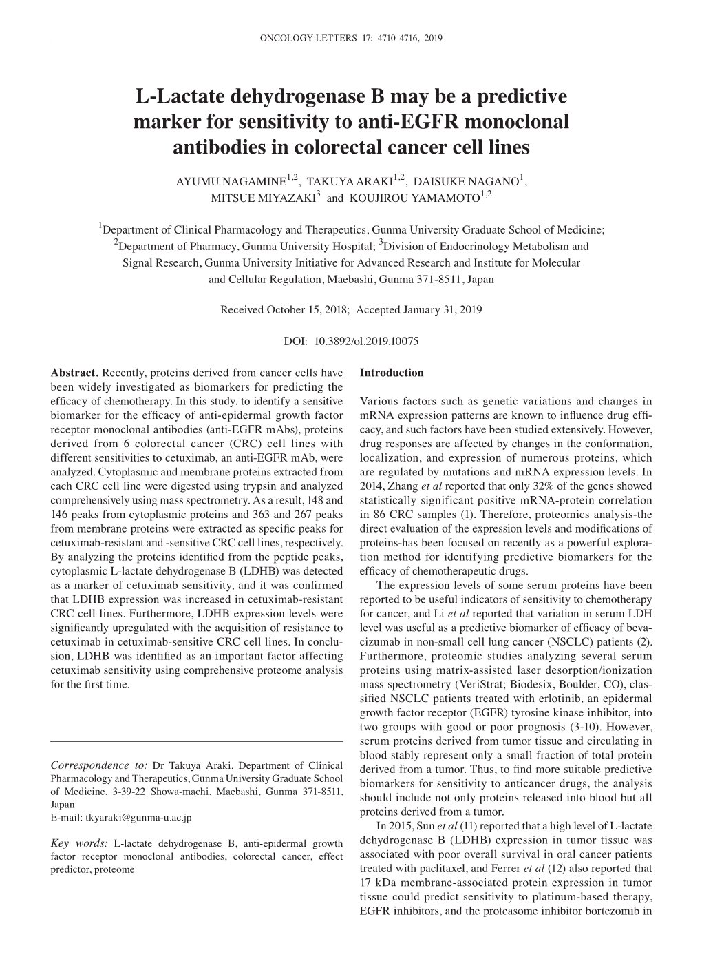 L‑Lactate Dehydrogenase B May Be a Predictive Marker for Sensitivity to Anti‑EGFR Monoclonal Antibodies in Colorectal Cancer Cell Lines