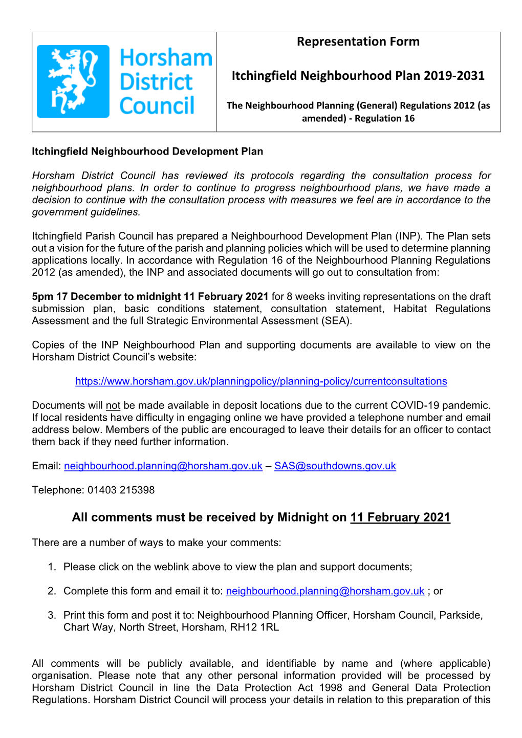 Representation Form Itchingfield Neighbourhood Plan 2019-2031