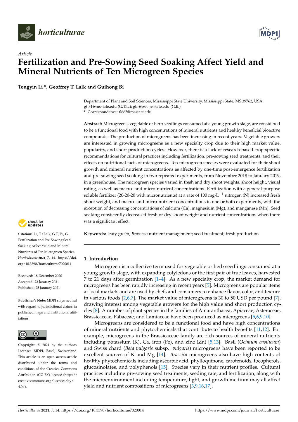 Fertilization and Pre-Sowing Seed Soaking Affect Yield and Mineral Nutrients of Ten Microgreen Species