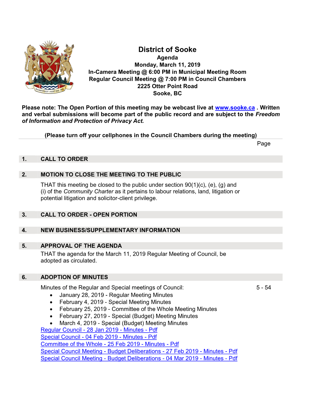 Regular Council Meeting @ 7:00 PM in Council Chambers 2225 Otter Point Road Sooke, BC