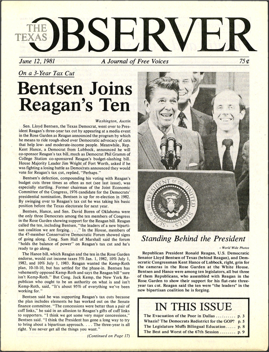 Bentsen Joins Reagan's Ten Washington, Austin Sen