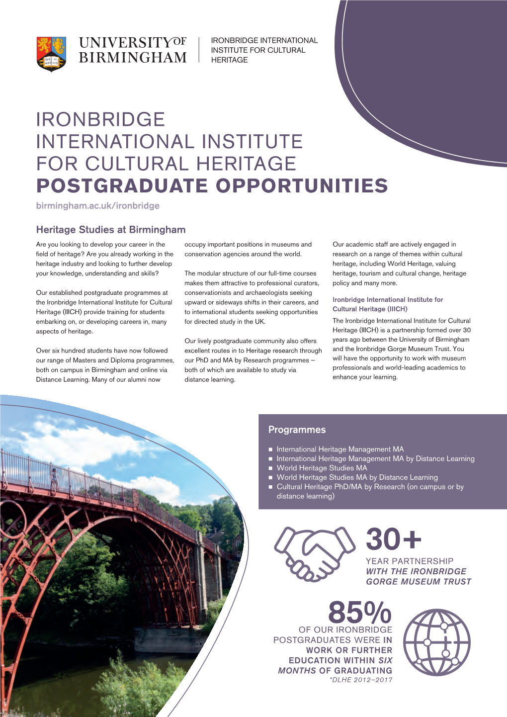 IRONBRIDGE INTERNATIONAL INSTITUTE for CULTURAL HERITAGE POSTGRADUATE OPPORTUNITIES Birmingham.Ac.Uk/Ironbridge