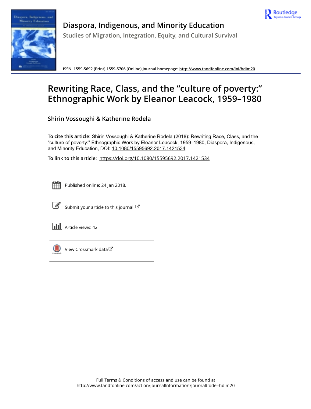 Culture of Poverty:” Ethnographic Work by Eleanor Leacock, 1959–1980