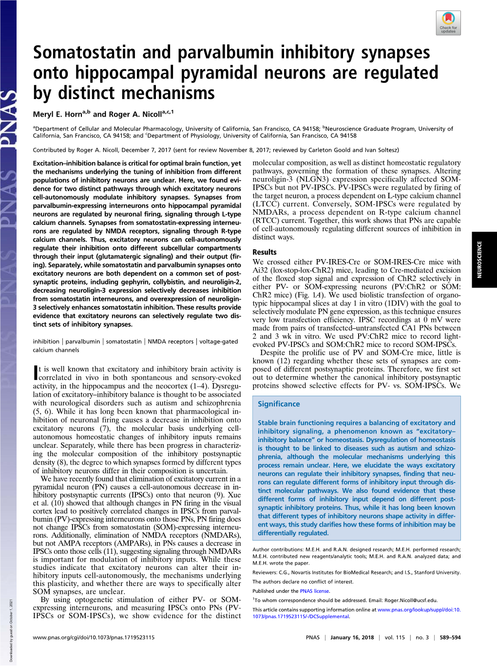 Somatostatin and Parvalbumin Inhibitory Synapses Onto Hippocampal Pyramidal Neurons Are Regulated by Distinct Mechanisms