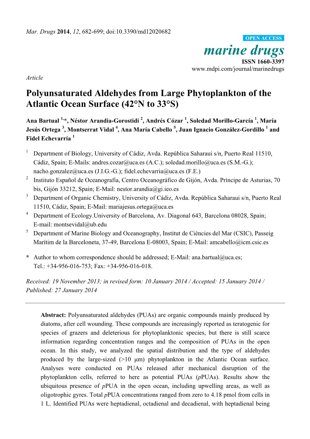 Polyunsaturated Aldehydes from Large Phytoplankton of the Atlantic Ocean Surface (42°N to 33°S)