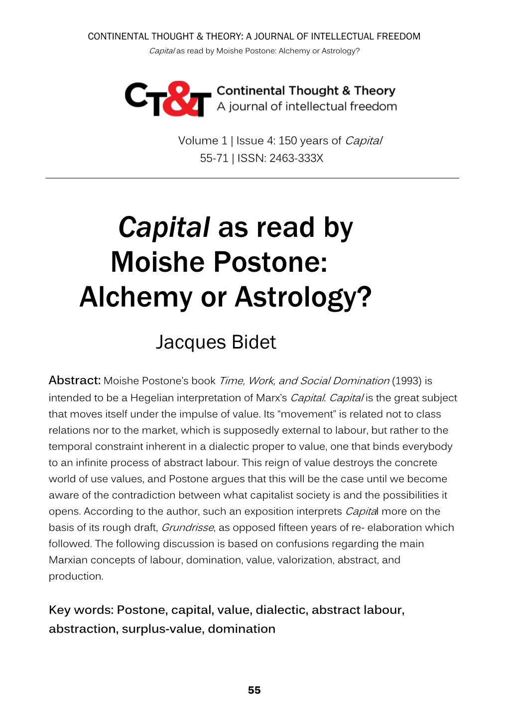 Capital As Read by Moishe Postone: Alchemy Or Astrology?