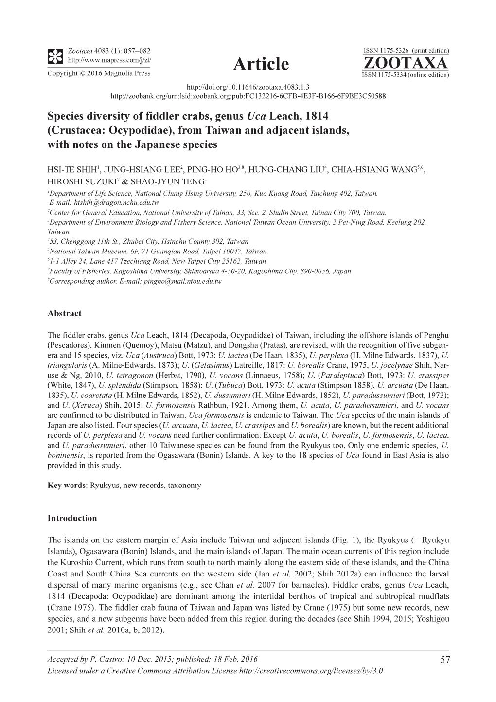 Species Diversity of Fiddler Crabs, Genus Uca Leach, 1814 (Crustacea: Ocypodidae), from Taiwan and Adjacent Islands, with Notes on the Japanese Species