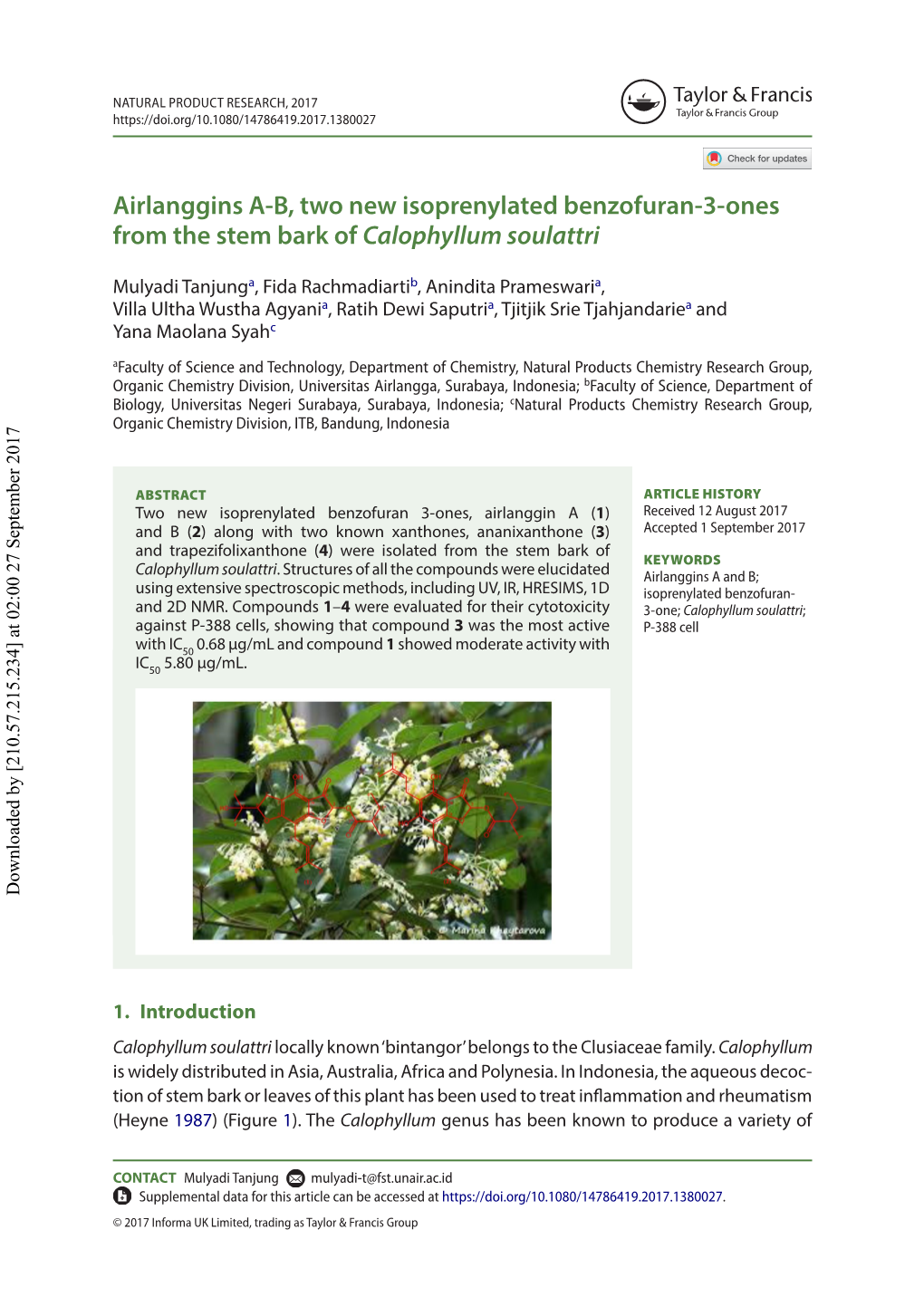 Airlanggins A-B, Two New Isoprenylated Benzofuran-3-Ones from the Stem Bark of Calophyllum Soulattri