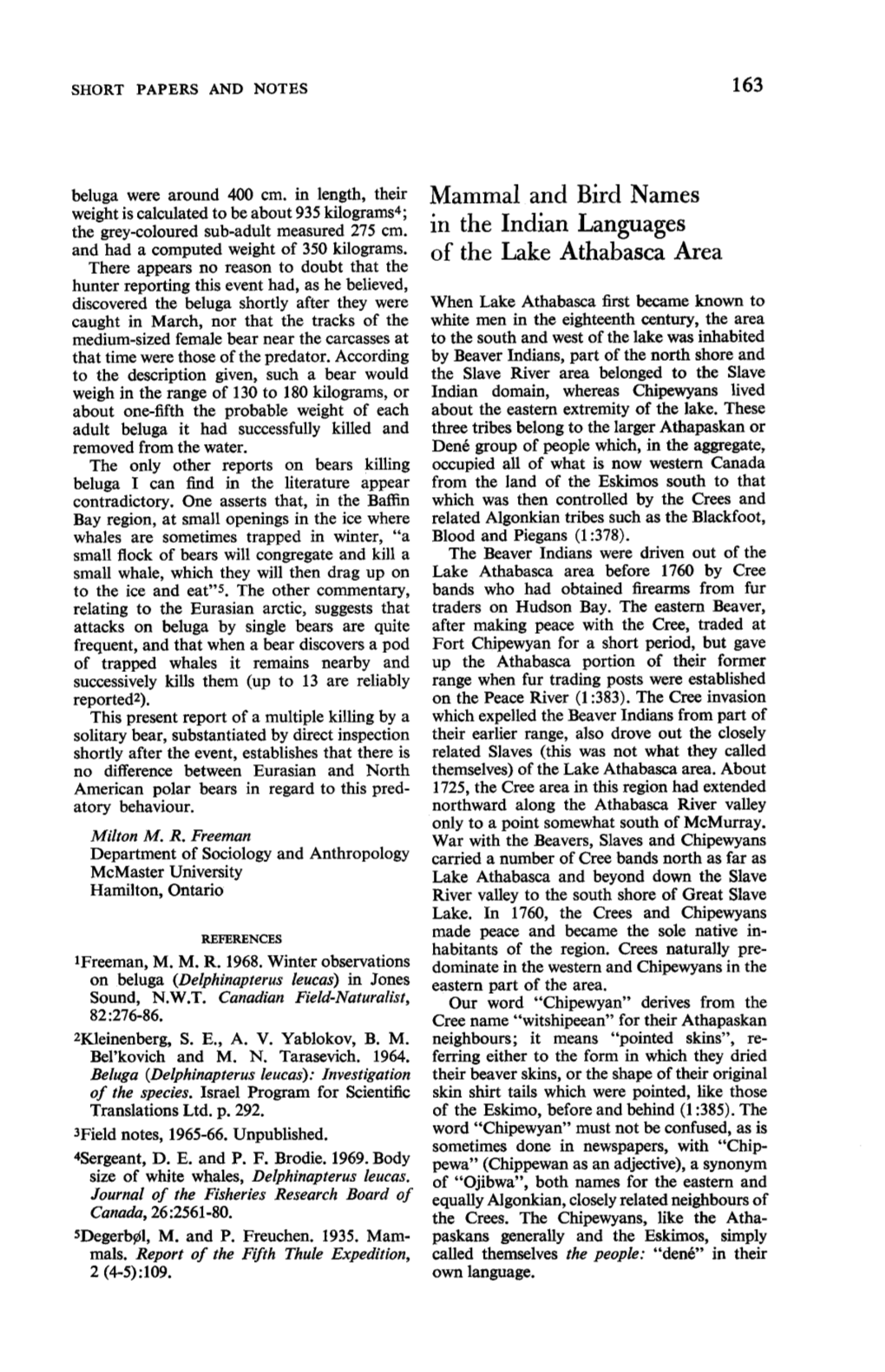 Mammal and Bird Names in the Indian Languages of the Lake Athabasca