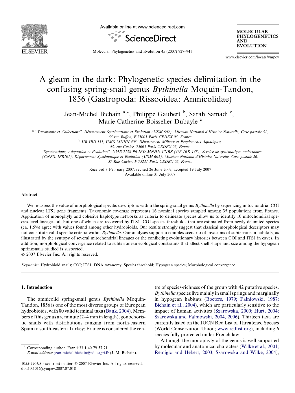 Phylogenetic Species Delimitation in the Confusing Spring-Snail Genus Bythinella Moquin-Tandon, 1856 (Gastropoda: Rissooidea: Amnicolidae)