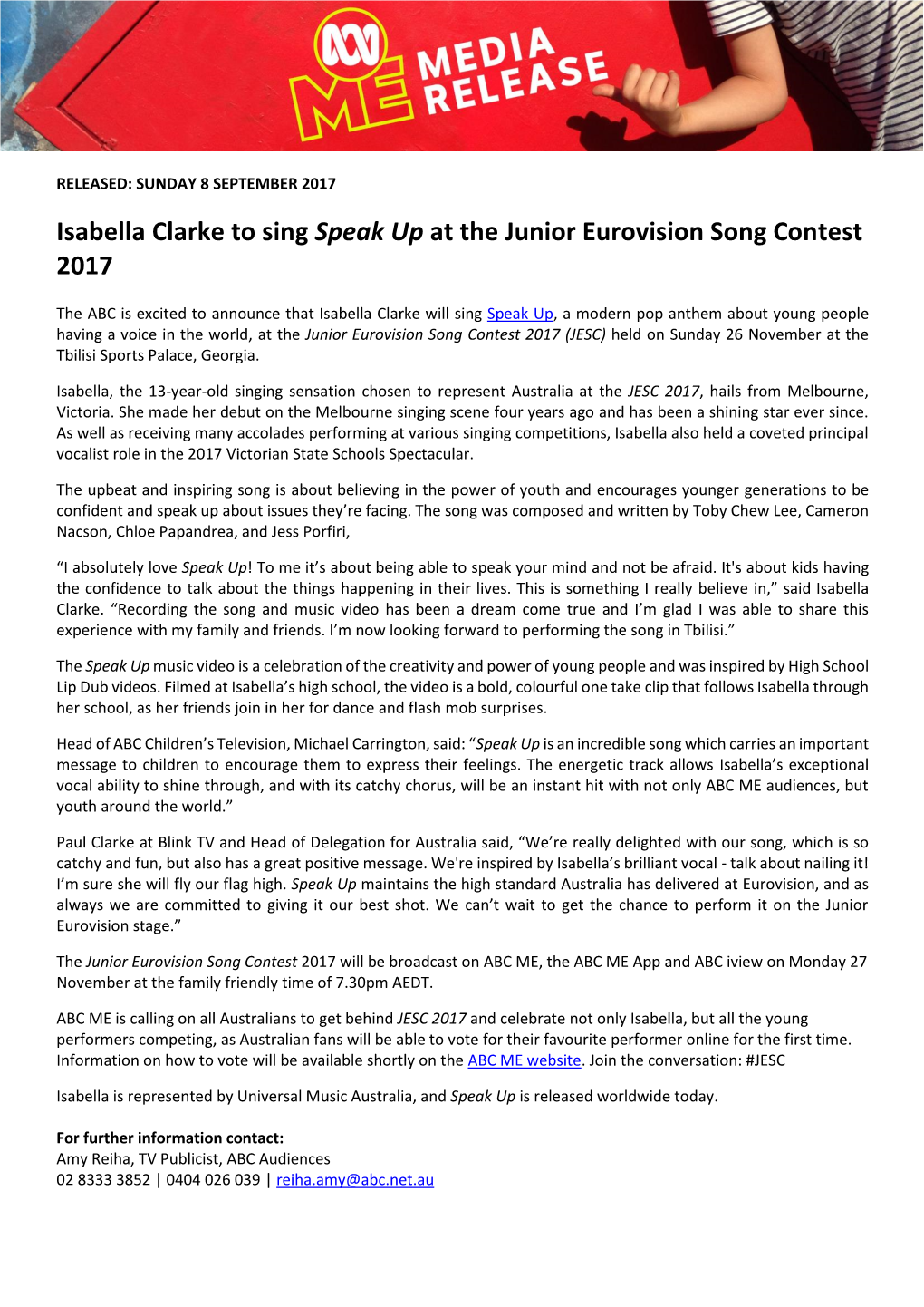 Isabella Clarke to Sing Speak up at the Junior Eurovision Song Contest 2017