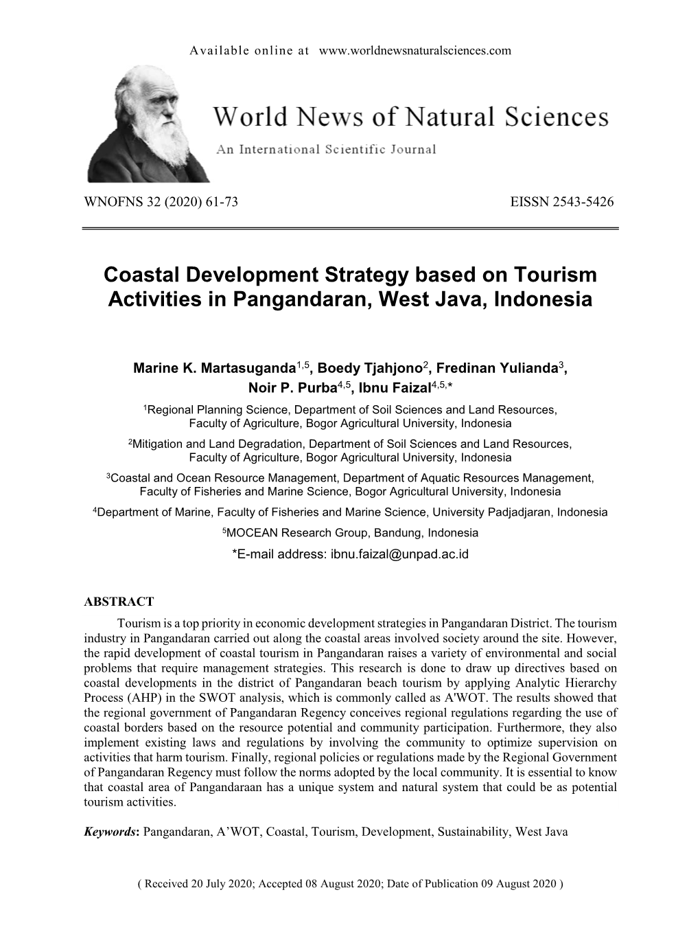 Coastal Development Strategy Based on Tourism Activities in Pangandaran, West Java, Indonesia