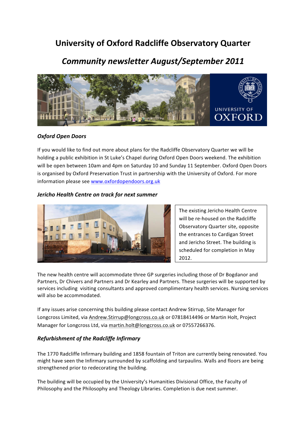 University of Oxford Radcliffe Observatory Quarter Community Newsletter August/September 2011