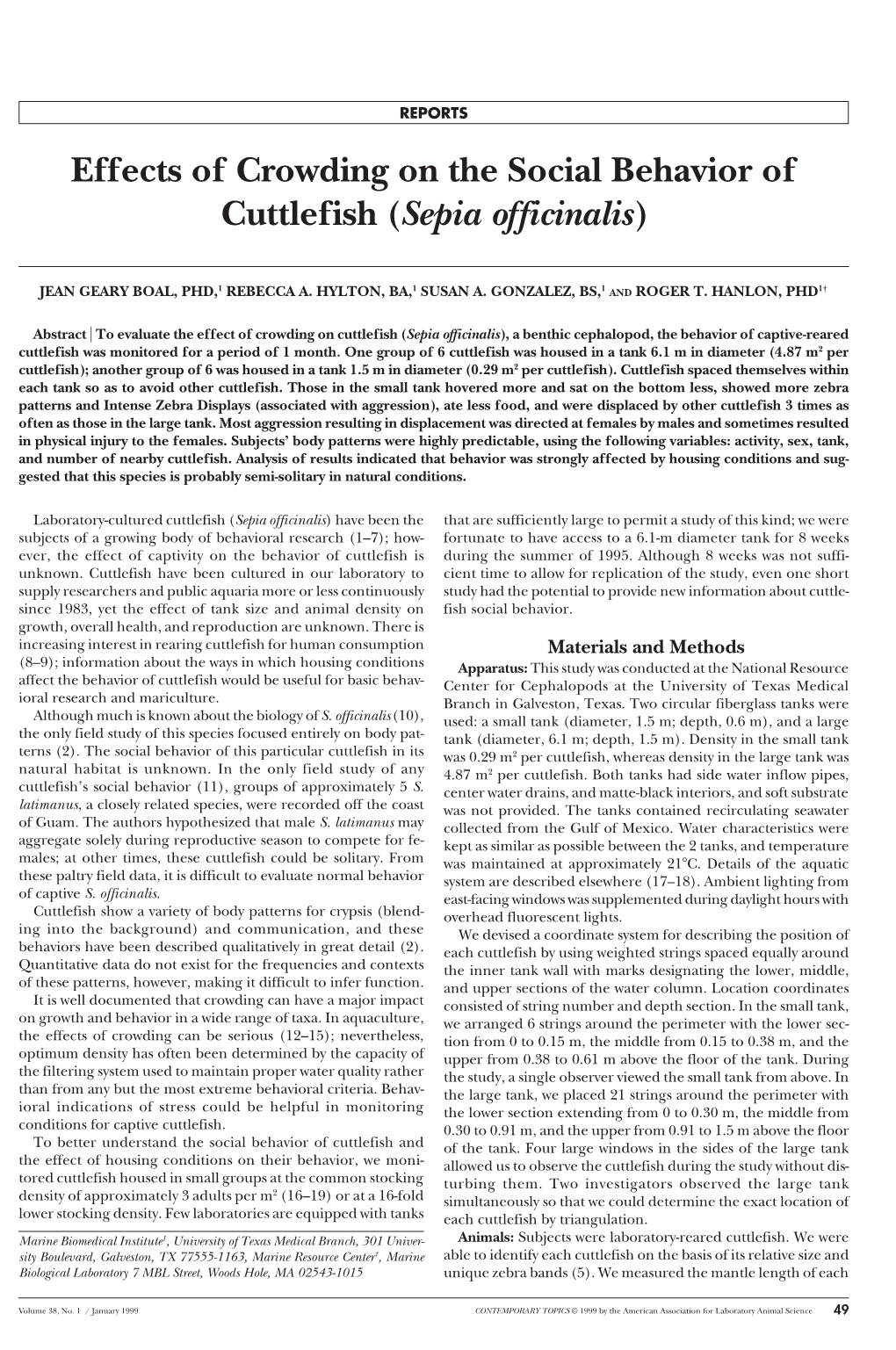 Effects of Crowding on the Social Behavior of Cuttlefish (Sepia Officinalis)