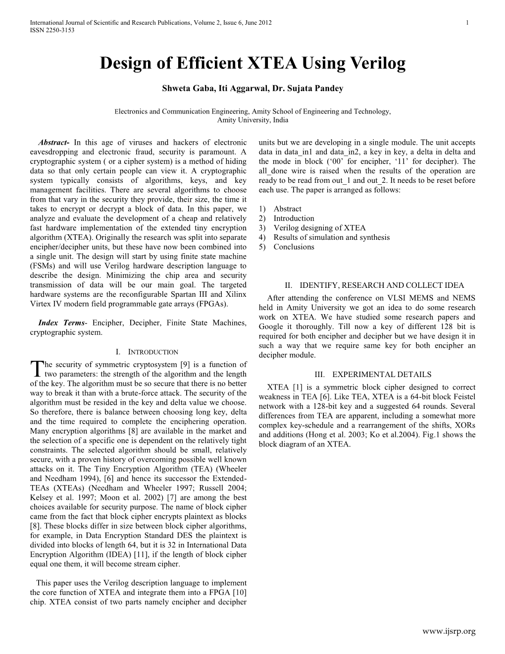 Design of Efficient XTEA Using Verilog