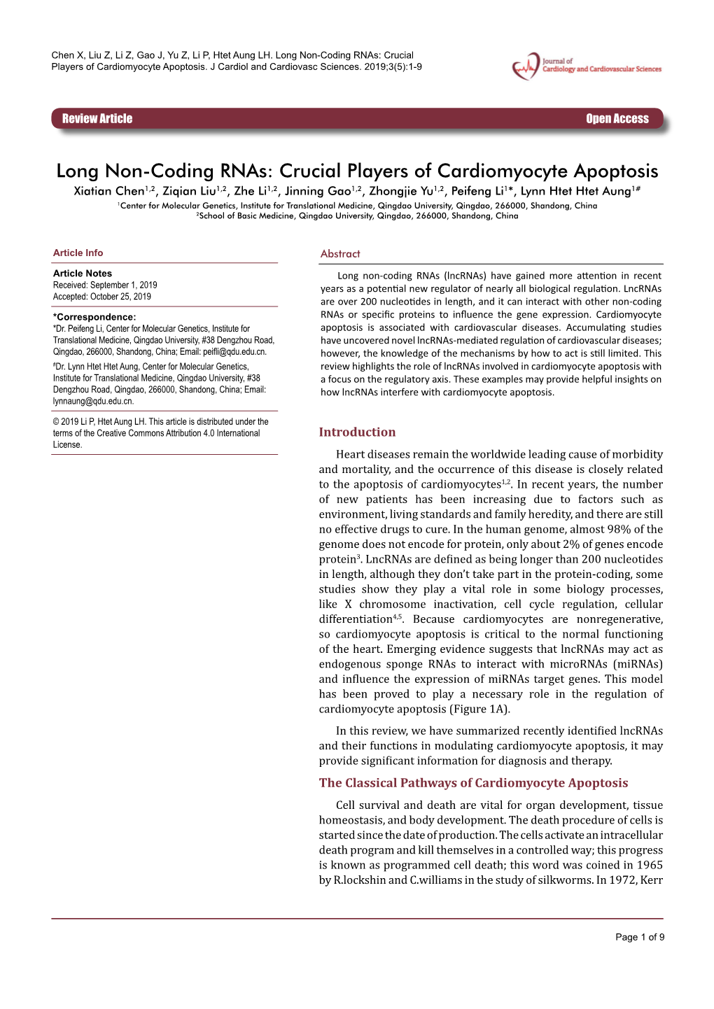 Long Non-Coding Rnas: Crucial Players of Cardiomyocyte Apoptosis