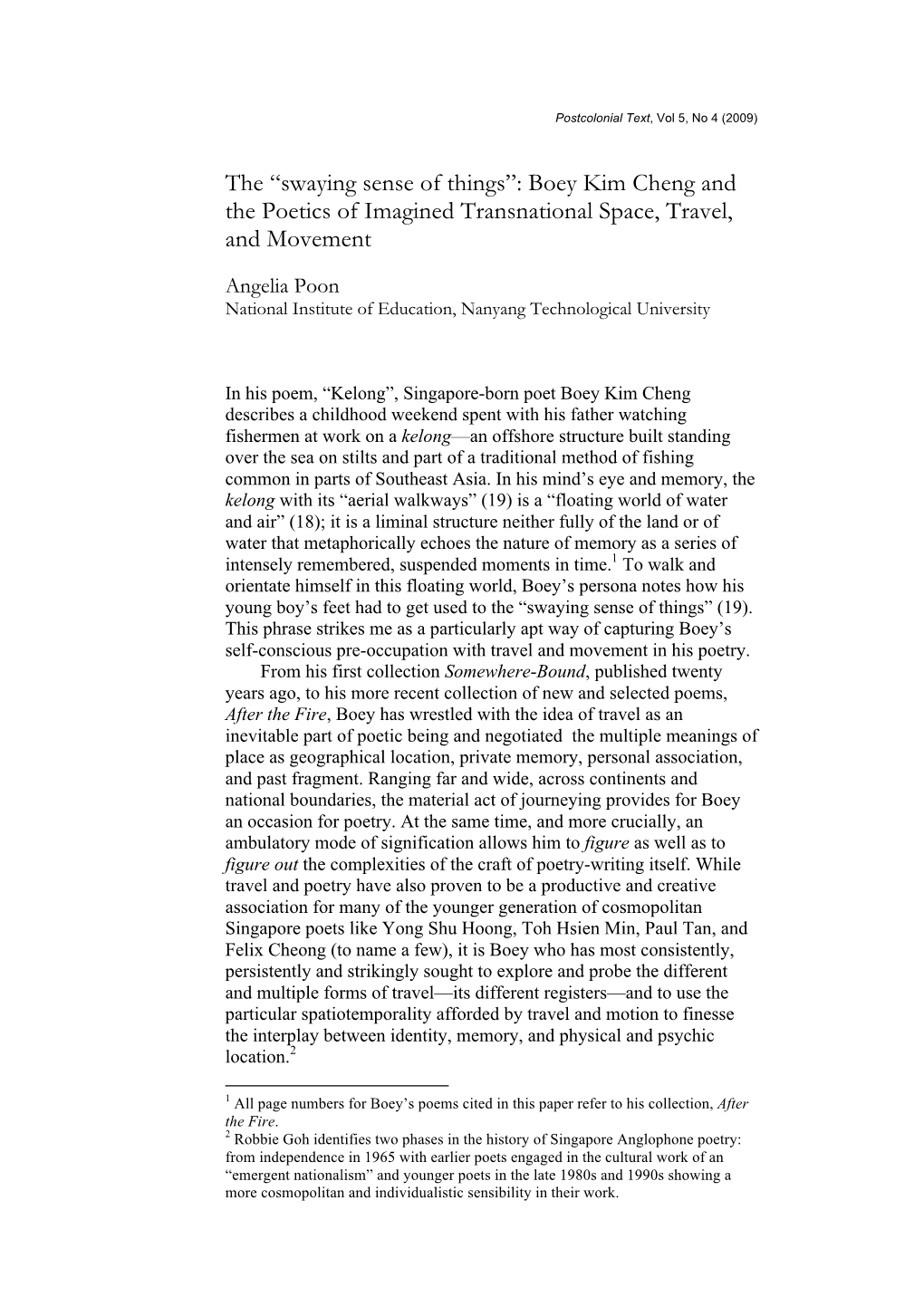 Boey Kim Cheng and the Poetics of Imagined Transnational Space, Travel, and Movement