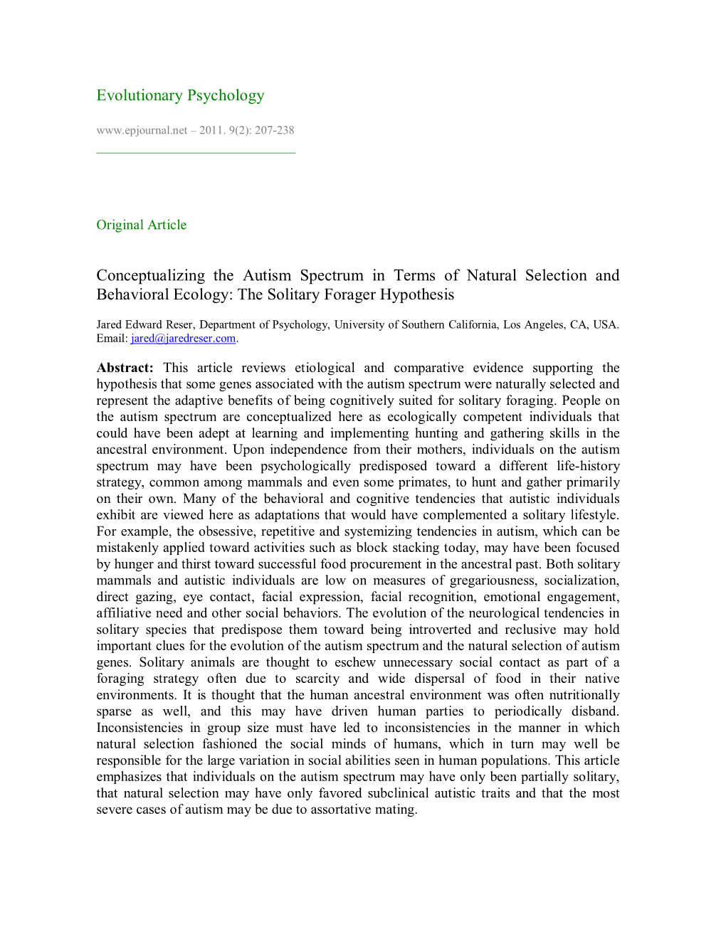 Conceptualizing the Autism Spectrum in Terms of Natural Selection and Behavioral Ecology: the Solitary Forager Hypothesis