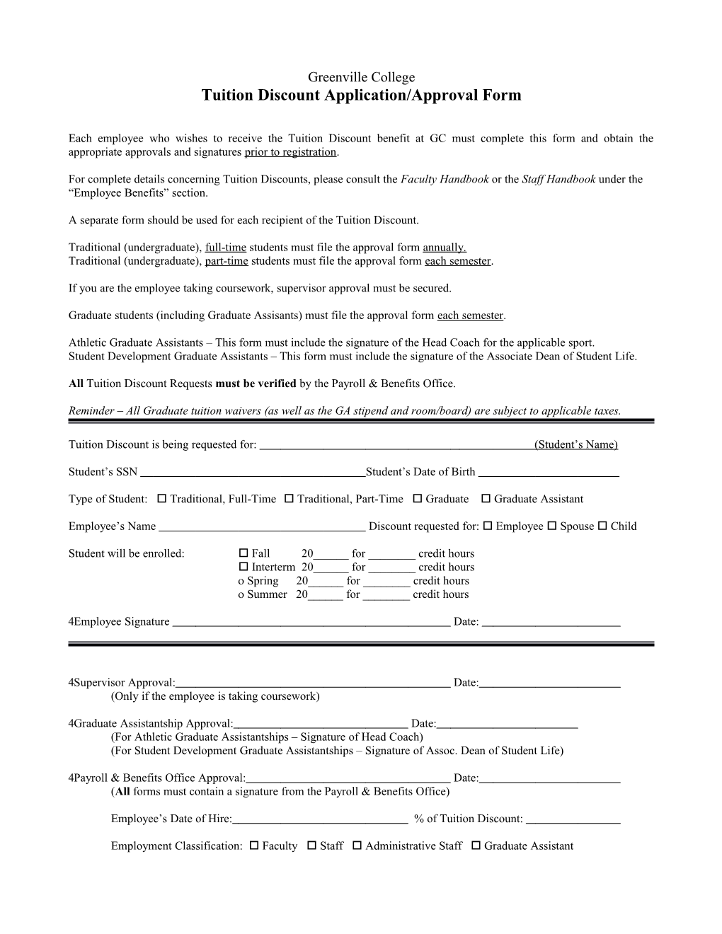 Tuition Discount Application/Approval Form