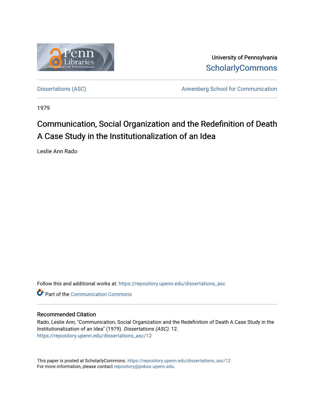 Communication, Social Organization and the Redefinition of Death a Case Study in the Institutionalization of an Idea