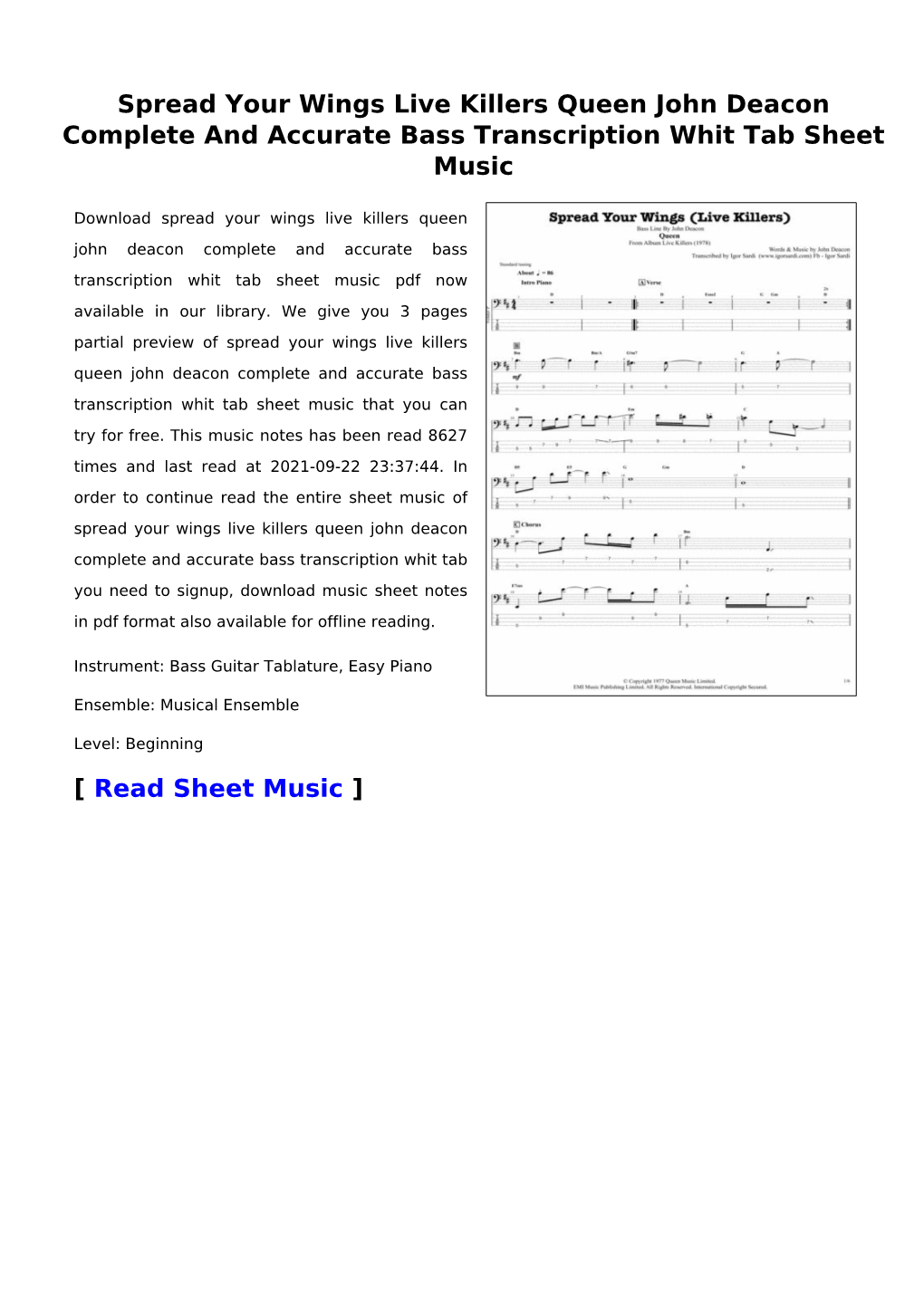 Spread Your Wings Live Killers Queen John Deacon Complete and Accurate Bass Transcription Whit Tab Sheet Music